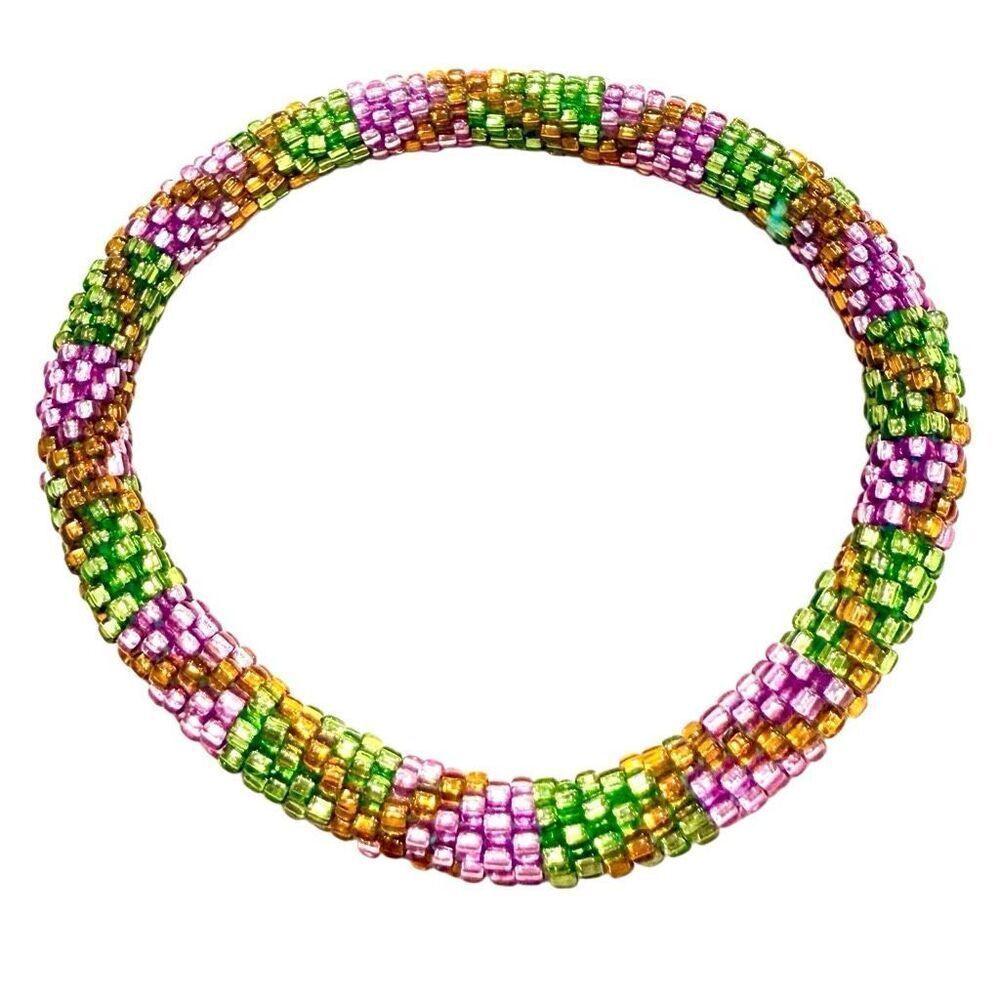 Vintage NWOT Aid Through Trade Roll-On Glass Beads Stretch Green Pink Bracelet